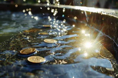 Ethereum Cryptocurrency Coins Submerged in Fountain Water
