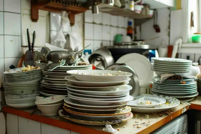 Large Stack Of Dirty Dishes In A Kitchen
