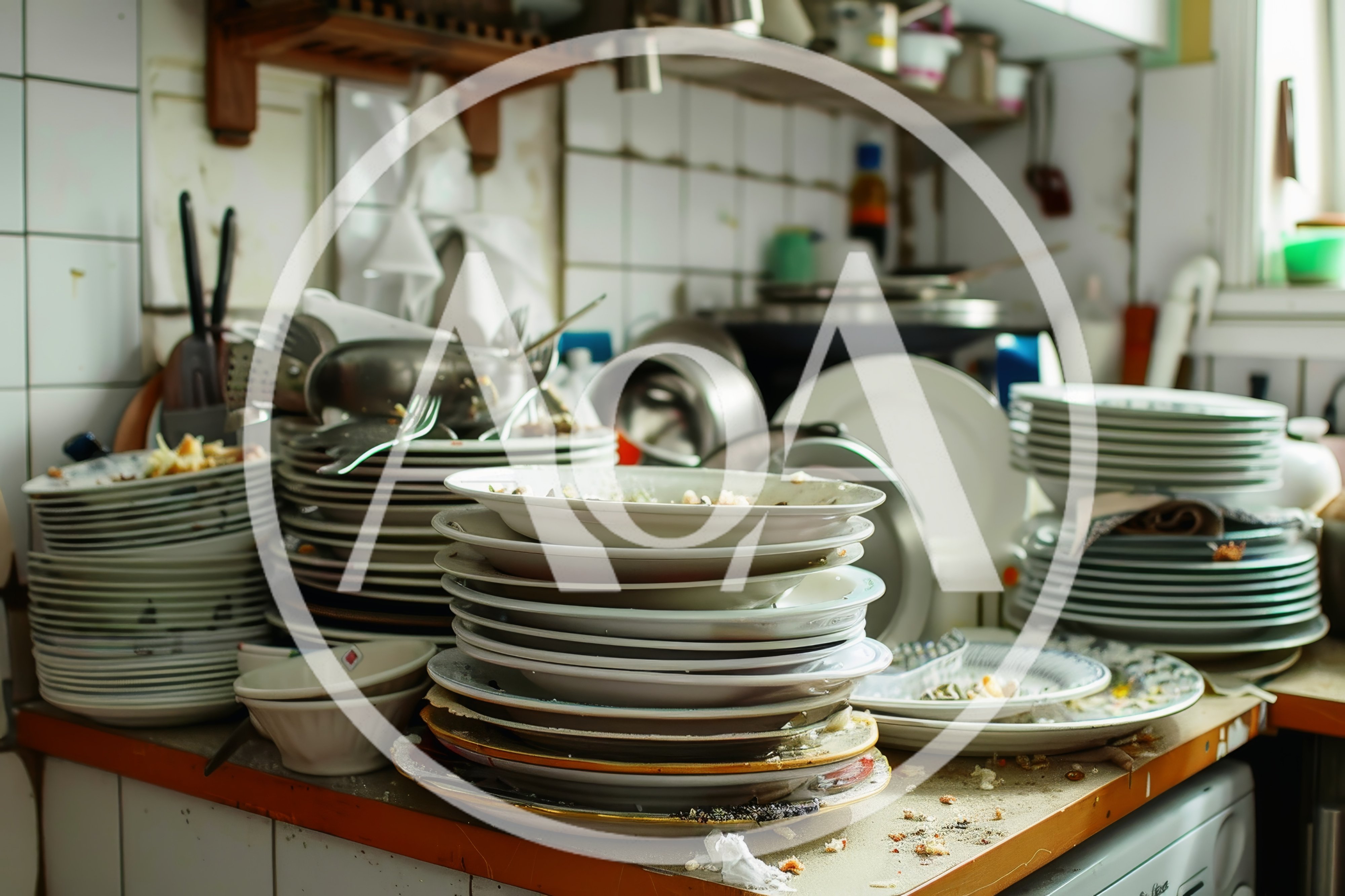 Large Stack Of Dirty Dishes In A Kitchen