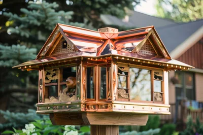 Copper Roofed Bird Feeder In A Garden Setting