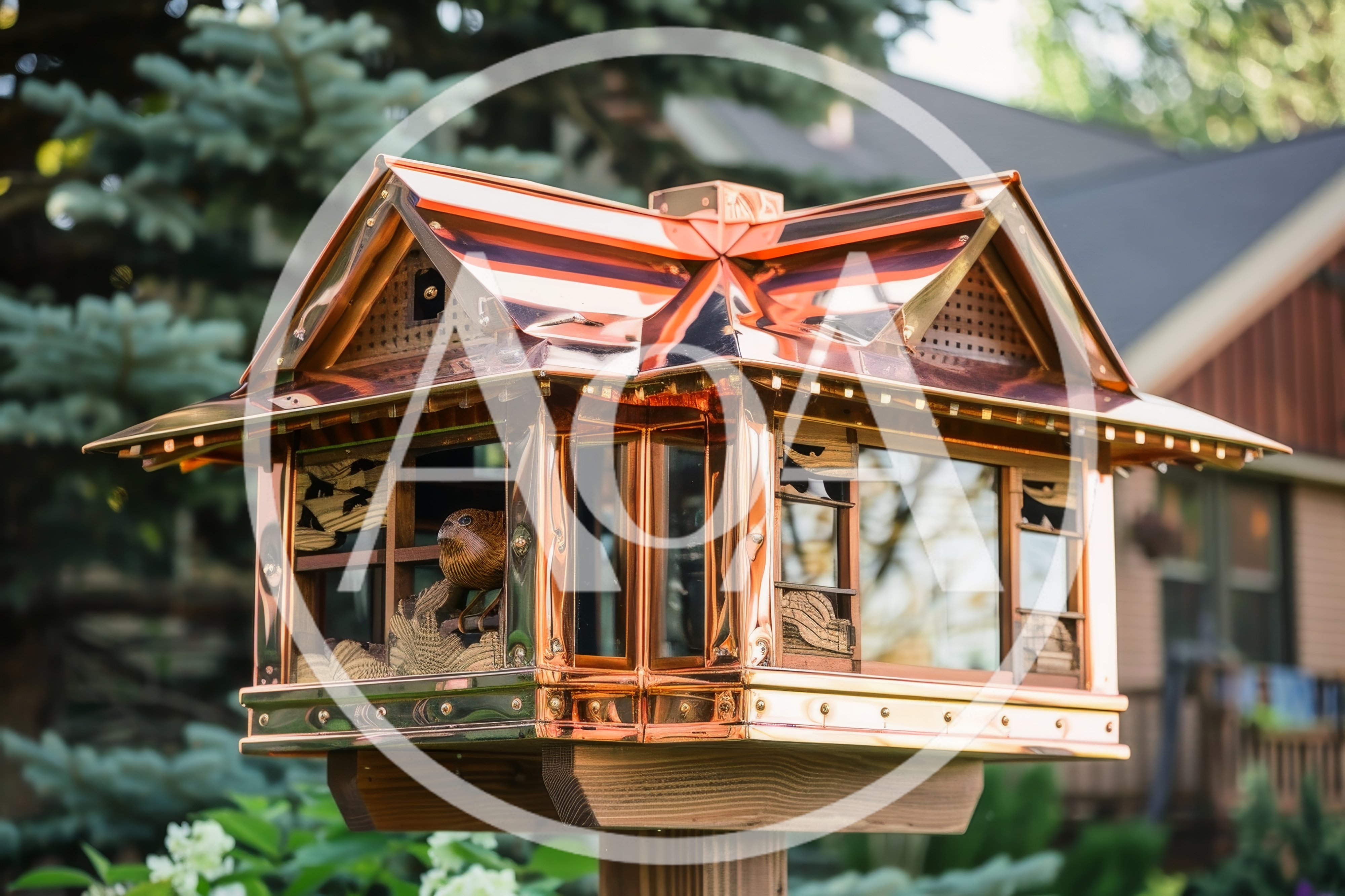 Copper Roofed Bird Feeder In A Garden Setting