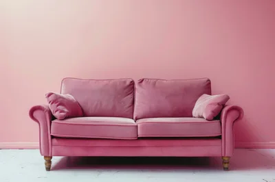 Pink Velvet Sofa Against A Pink Wall
