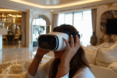 Woman Wearing Virtual Reality Headset In Luxury Living Room