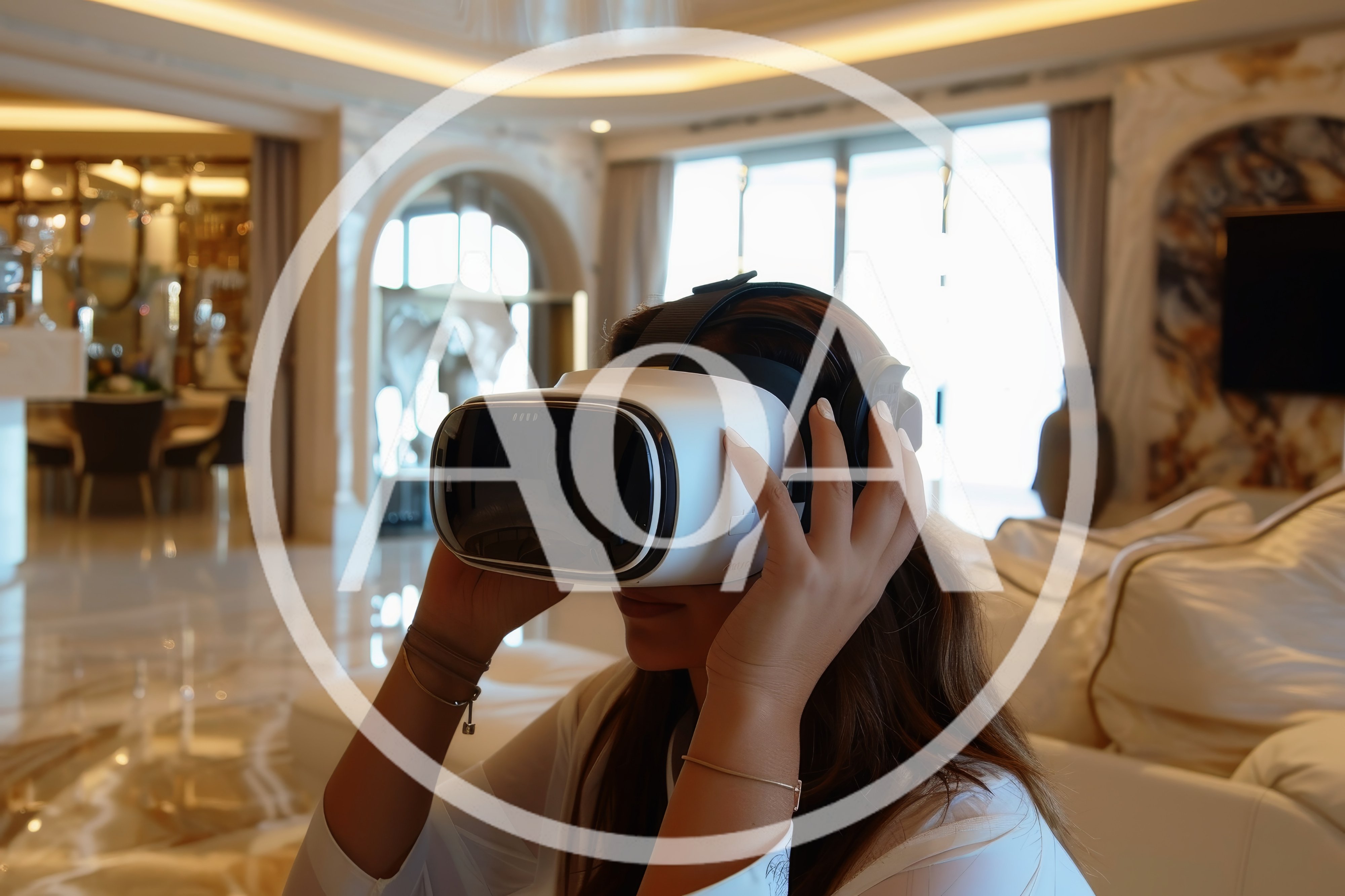 Woman Wearing Virtual Reality Headset In Luxury Living Room