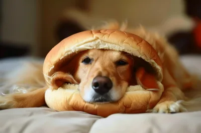 Golden Retriever Dog Resting Inside A Hamburger Bun