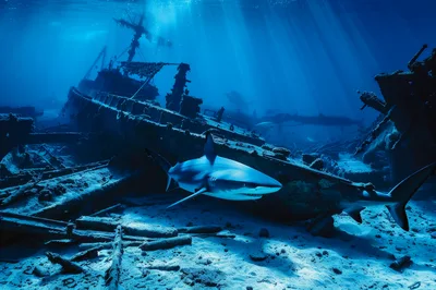 Blacktip Reef Shark Swimming Near Underwater Shipwreck