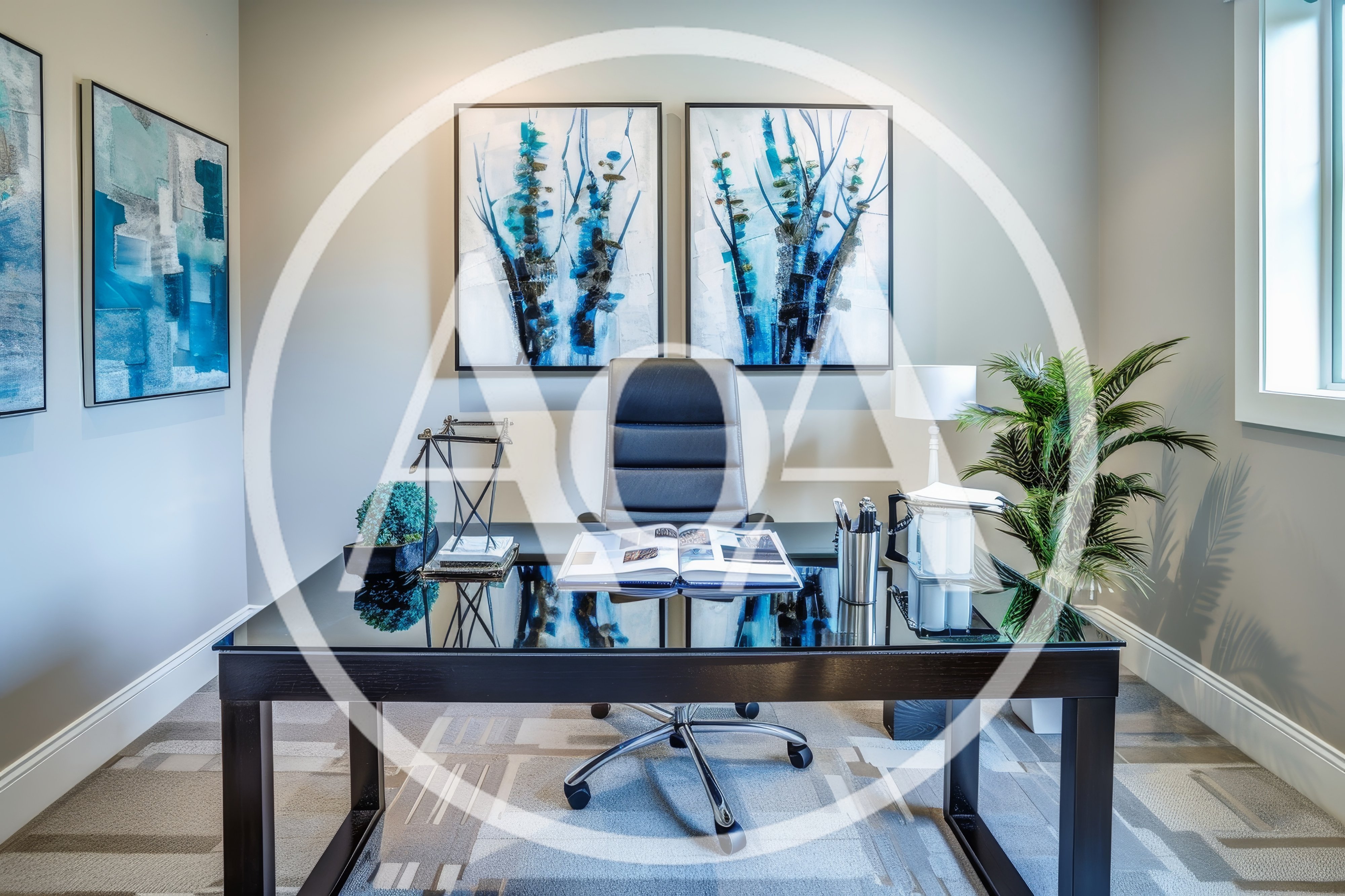 Modern Home Office With Black Desk And Abstract Art