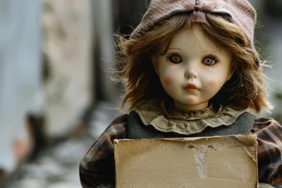 Vintage Porcelain Doll Holding A Blank Cardboard Sign