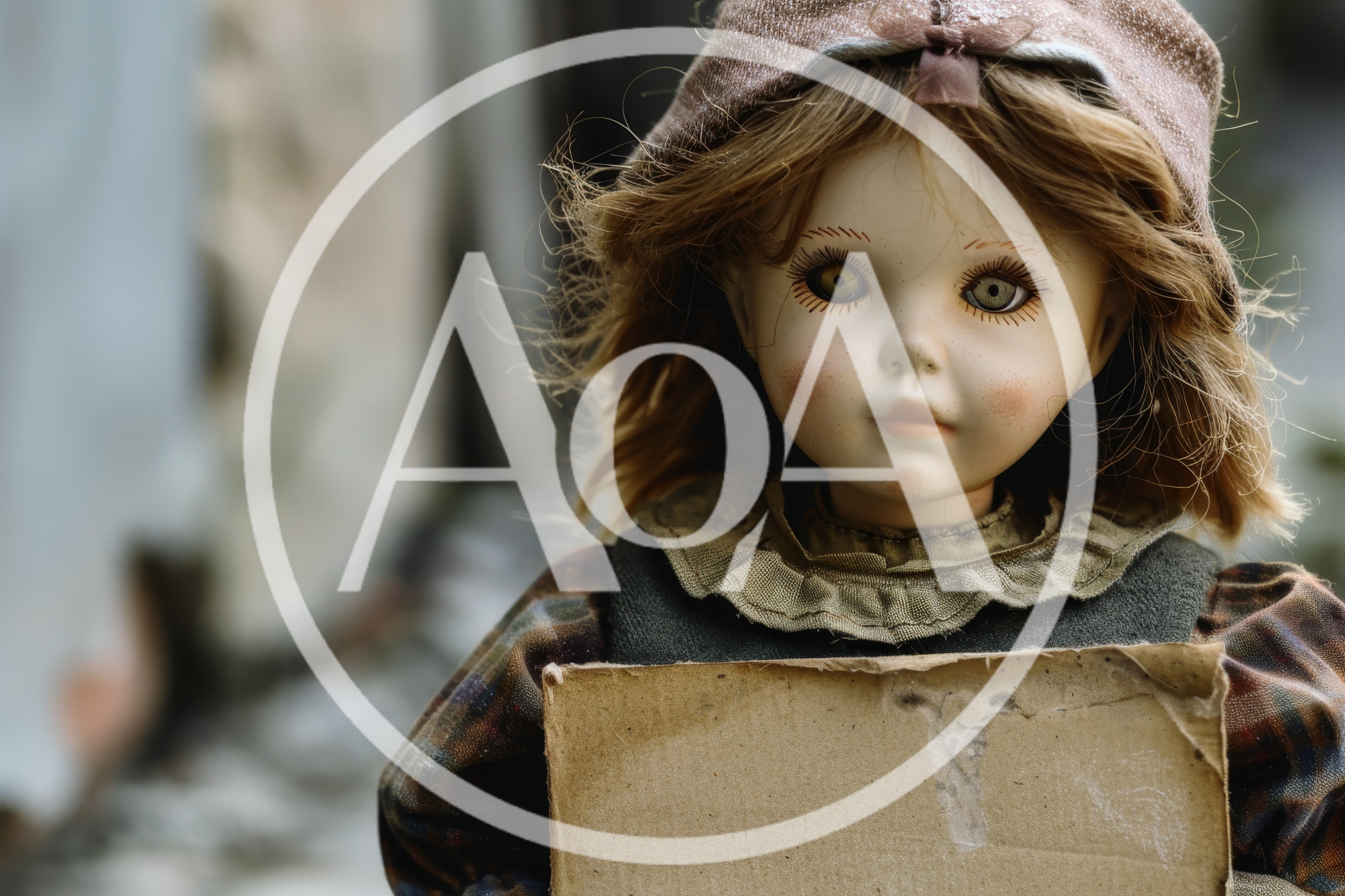 Vintage Porcelain Doll Holding A Blank Cardboard Sign