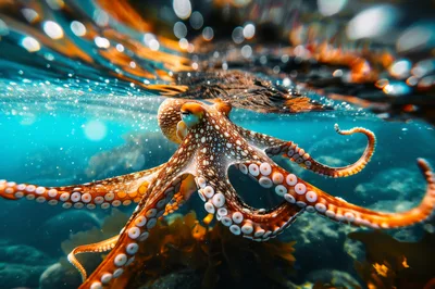 Common Octopus Swimming Near The Ocean Surface