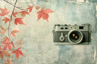 Vintage Rangefinder Camera With Autumn Maple Leaves