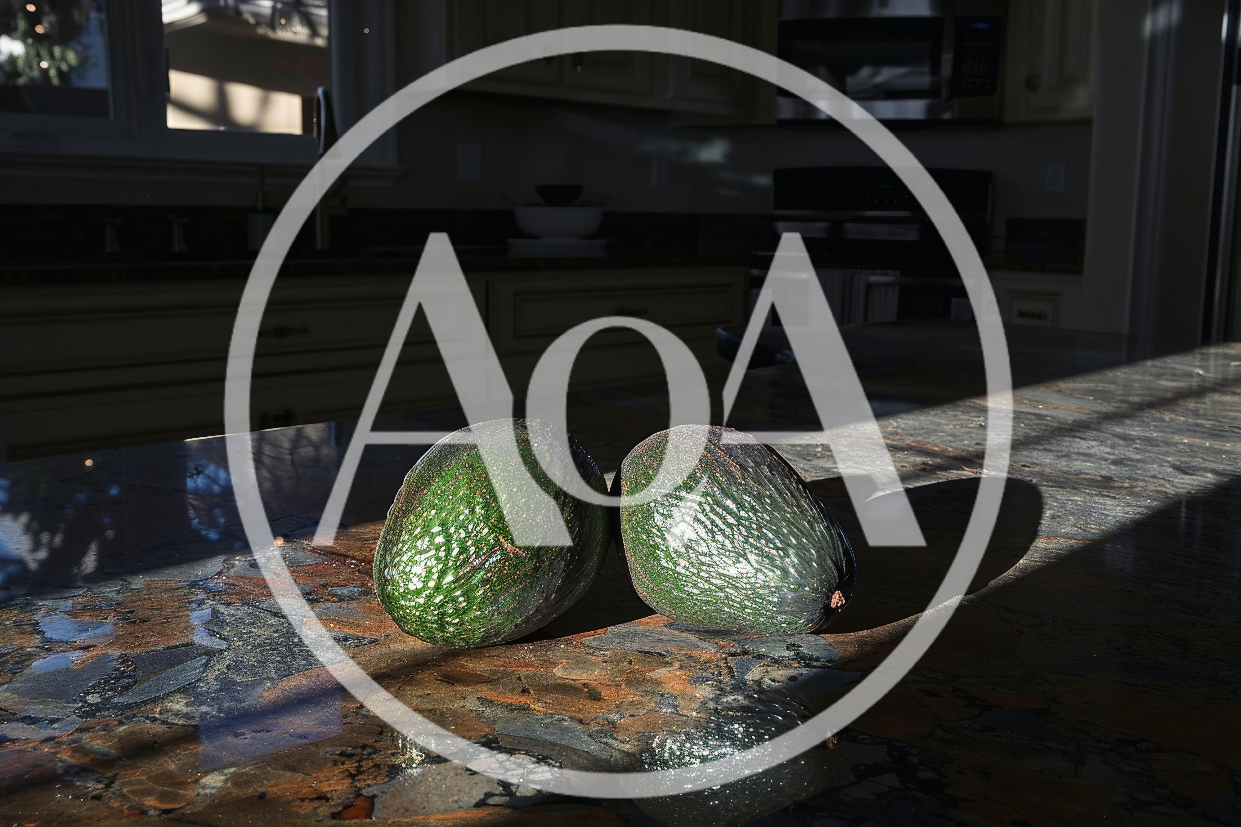 Two Fresh Avocados Resting On A Granite Kitchen Counter