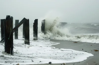 Stormy Ocean Waves Crashing Against Old Wooden Pier Pilings