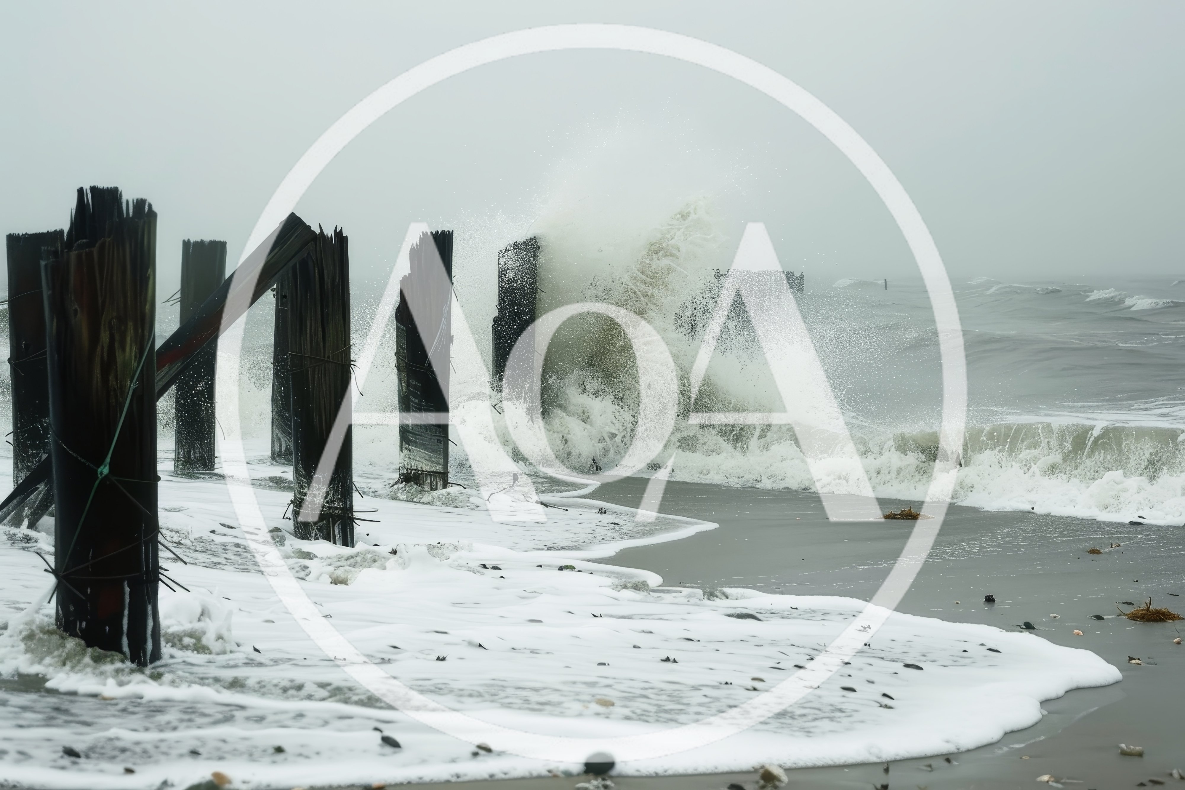 Stormy Ocean Waves Crashing Against Old Wooden Pier Pilings