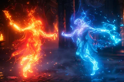 Ethereal Fire And Ice Elemental Warriors In Combat