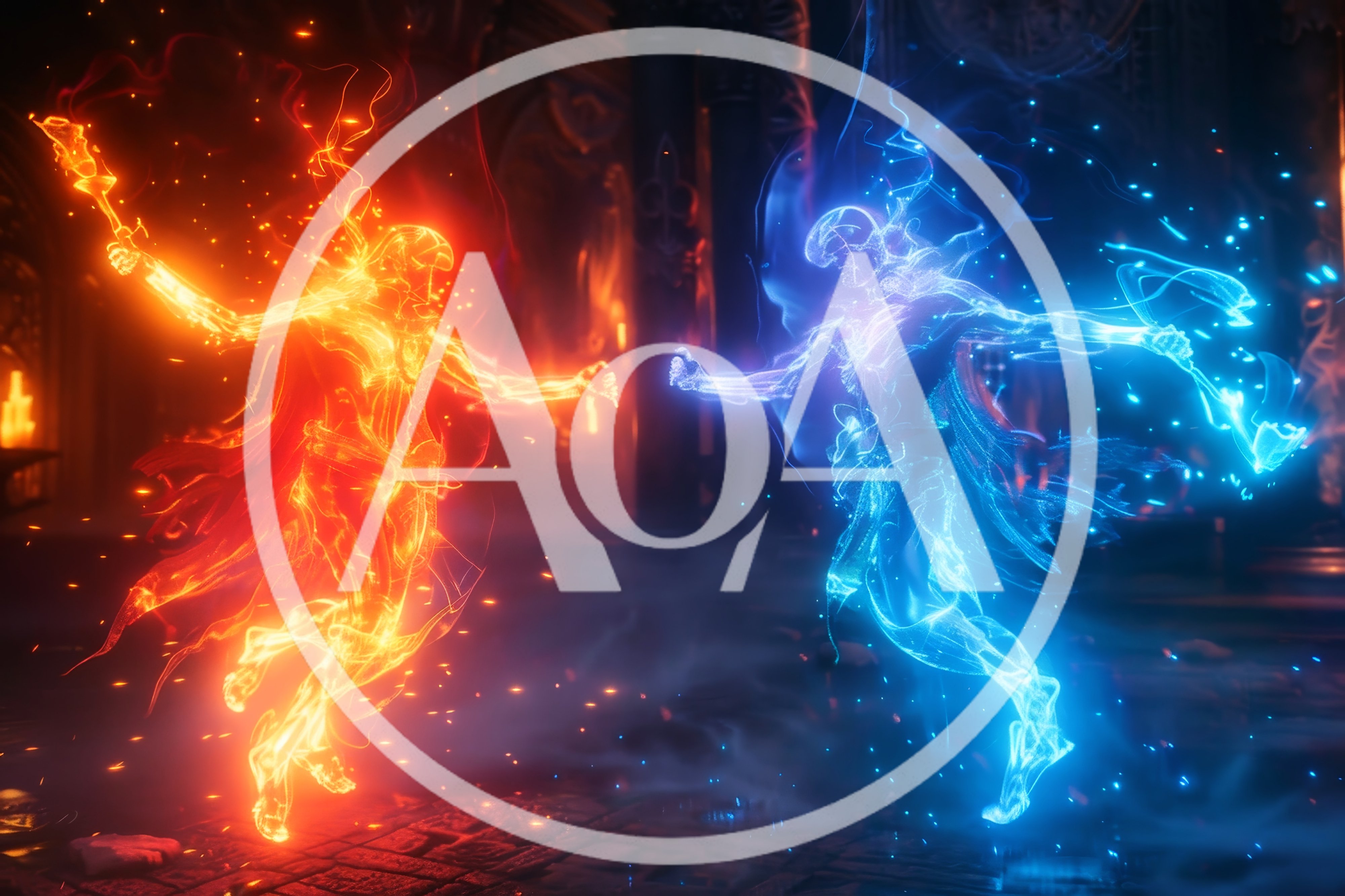 Ethereal Fire And Ice Elemental Warriors In Combat