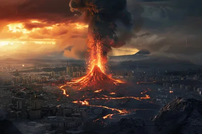 Volcanic Eruption Overlooking A Modern Cityscape