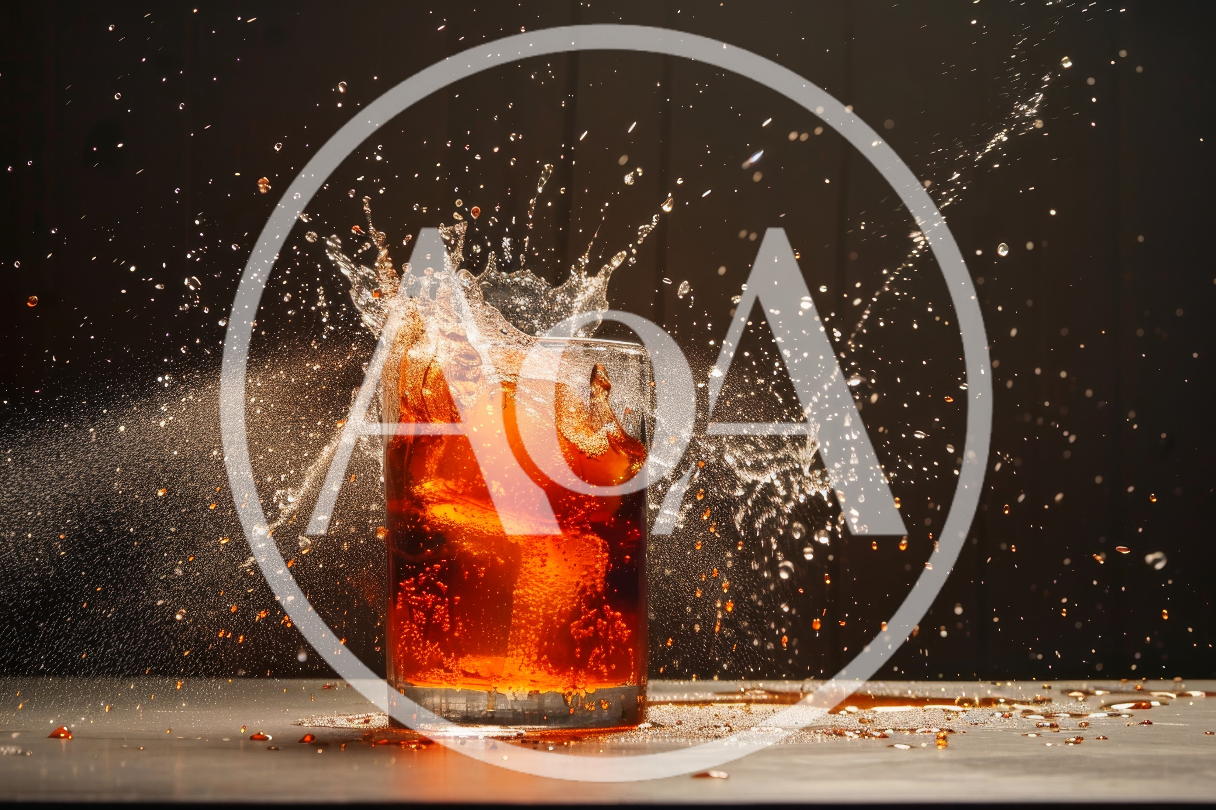 Dynamic Cola Splash in Glass with Ice Cubes