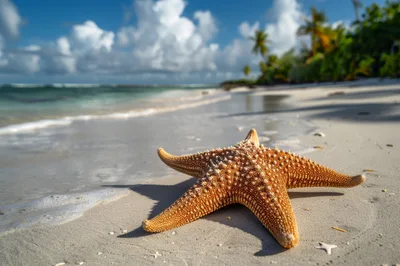 Orange Starfish Resting On A Tropical Sandy Beach
