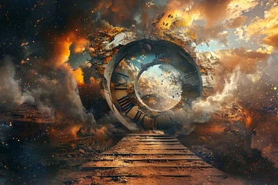 Surreal Clock Portal In A Cosmic Landscape