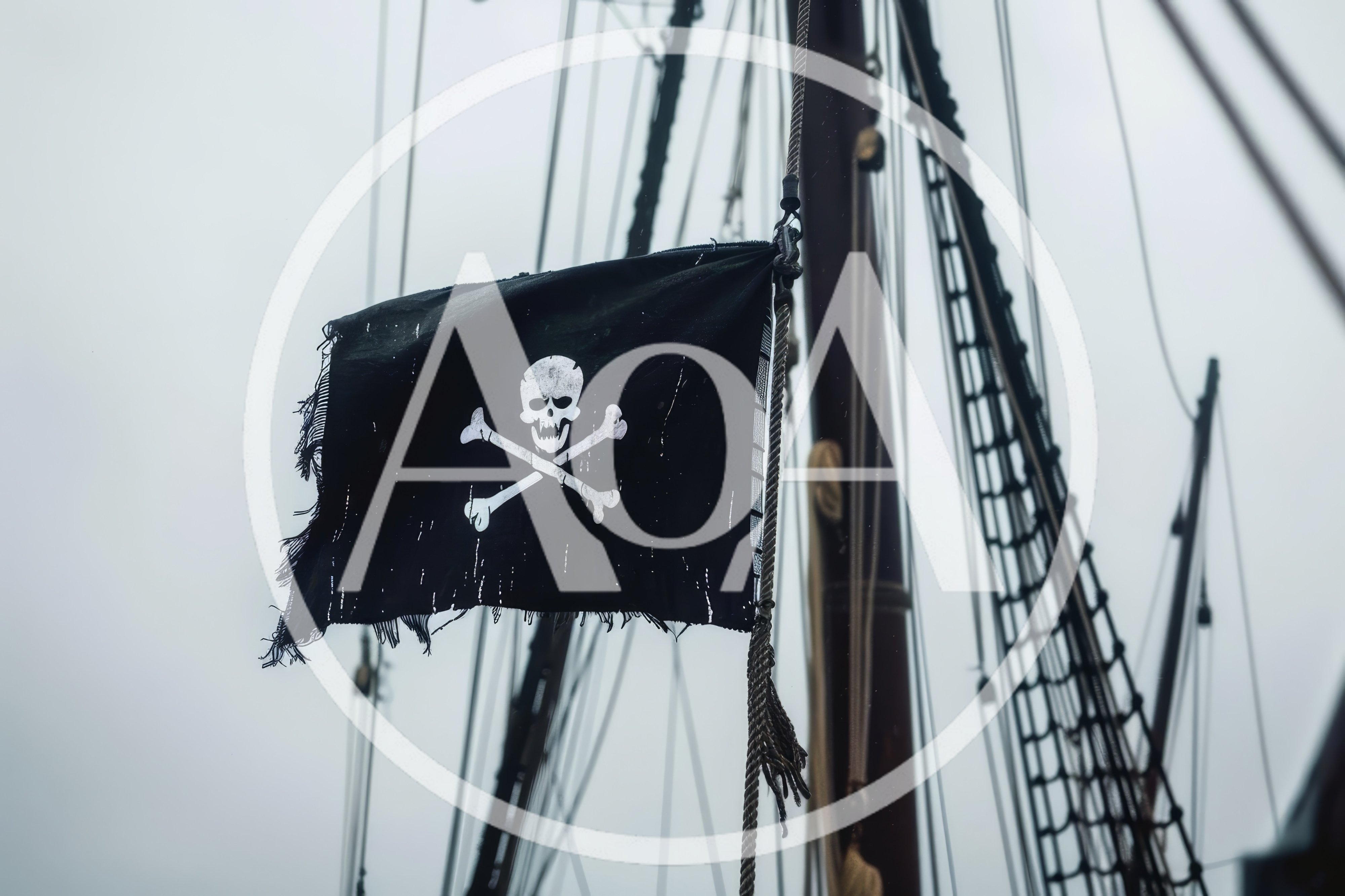 Tattered Pirate Flag Flying From A Ship Mast