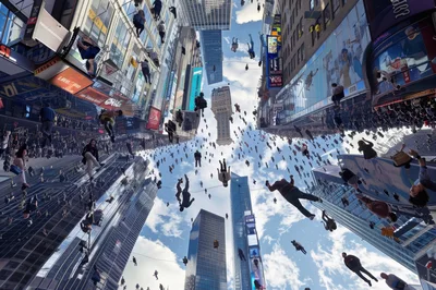 Surreal Cityscape With People Floating In The Sky