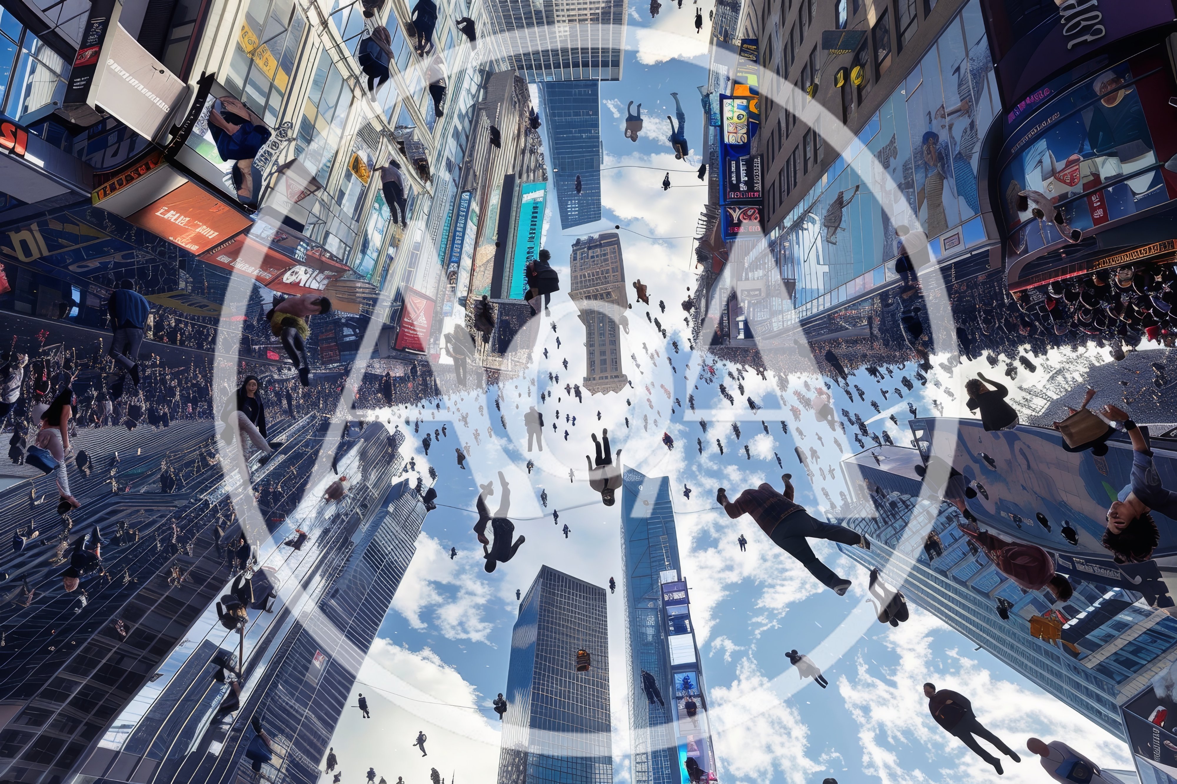 Surreal Cityscape With People Floating In The Sky