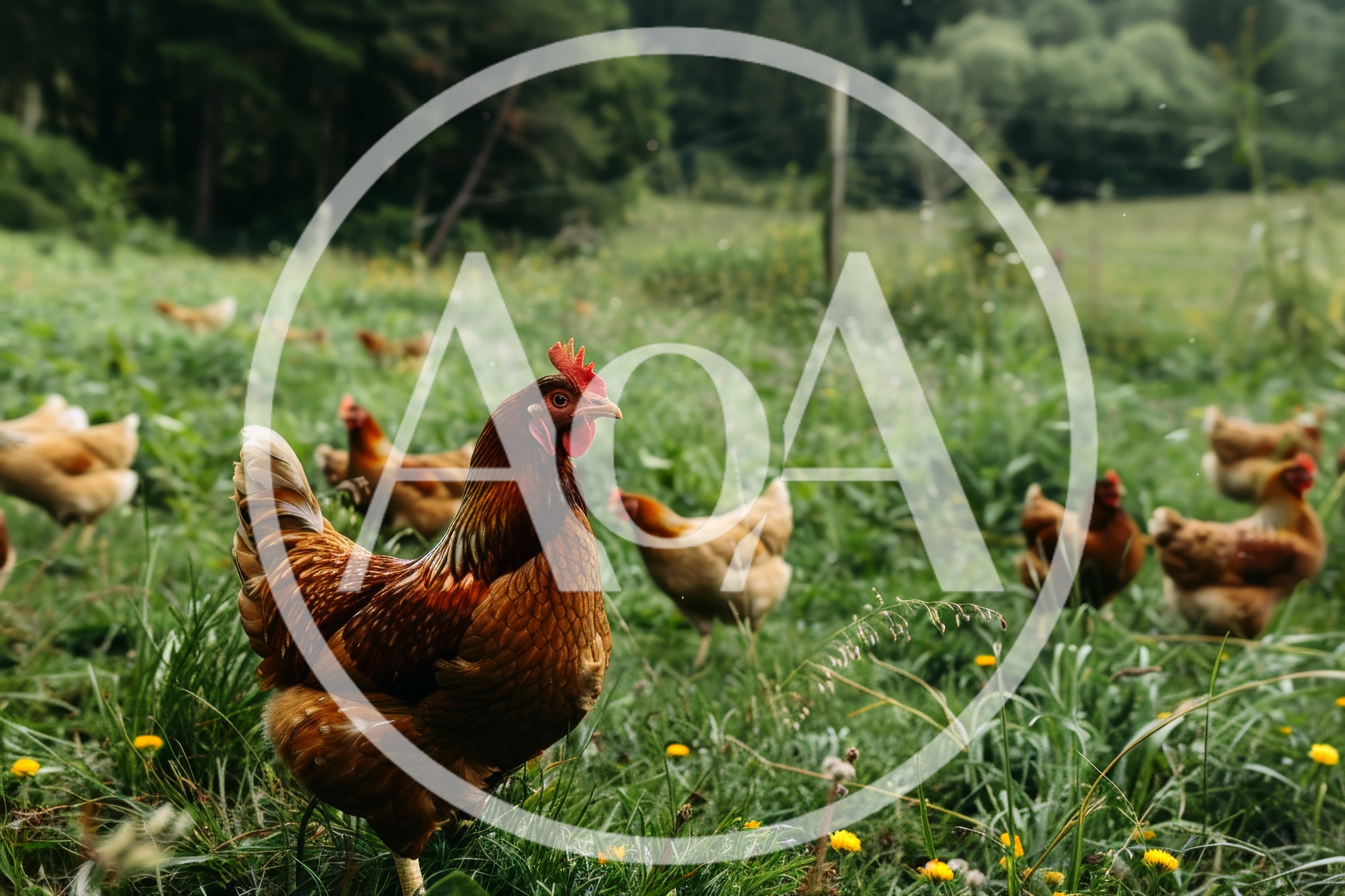 Free Range Chickens Foraging In A Lush Green Meadow