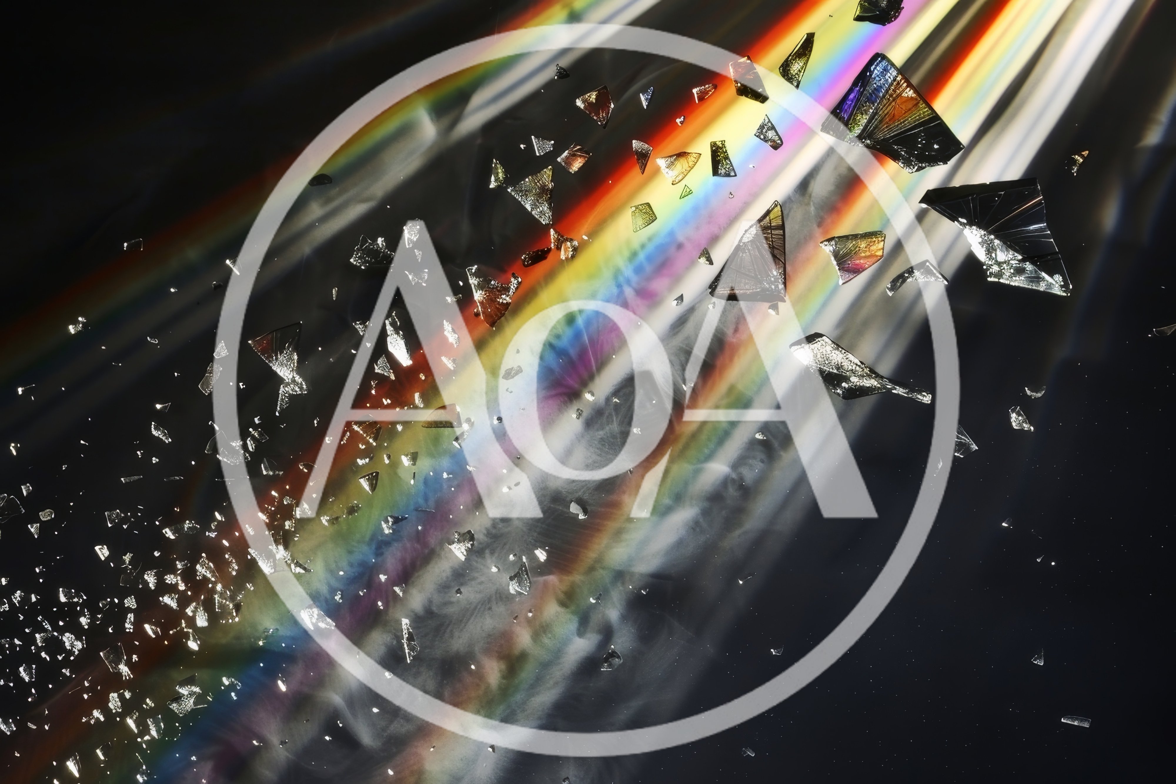 Abstract Shattered Glass Fragments Floating Through Colorful Light Beams