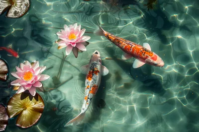 Koi Fish Swimming Among Pink Water Lilies