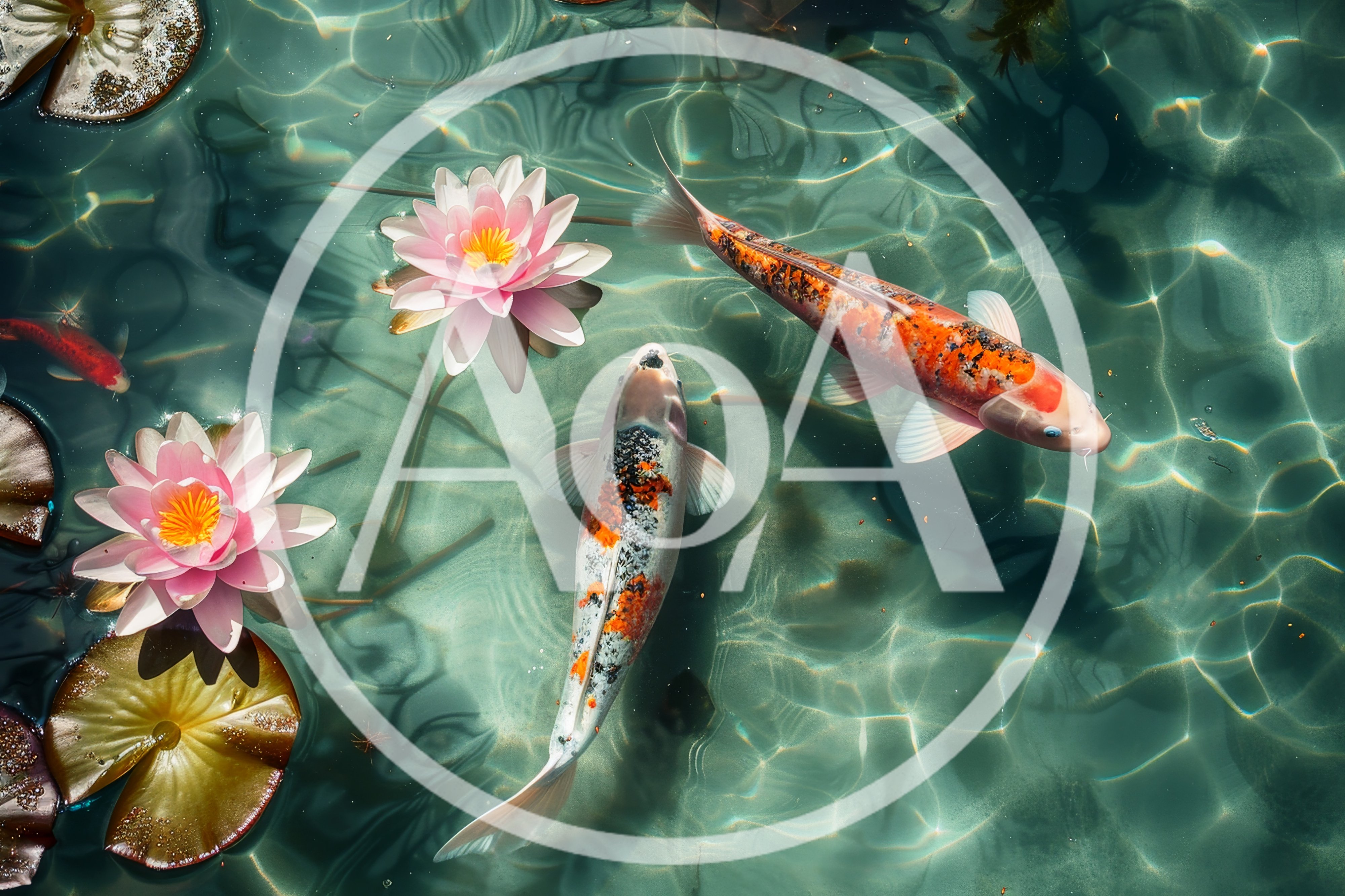 Koi Fish Swimming Among Pink Water Lilies