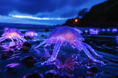 Bioluminescent Jellyfish Stranded On A Dark Sandy Beach
