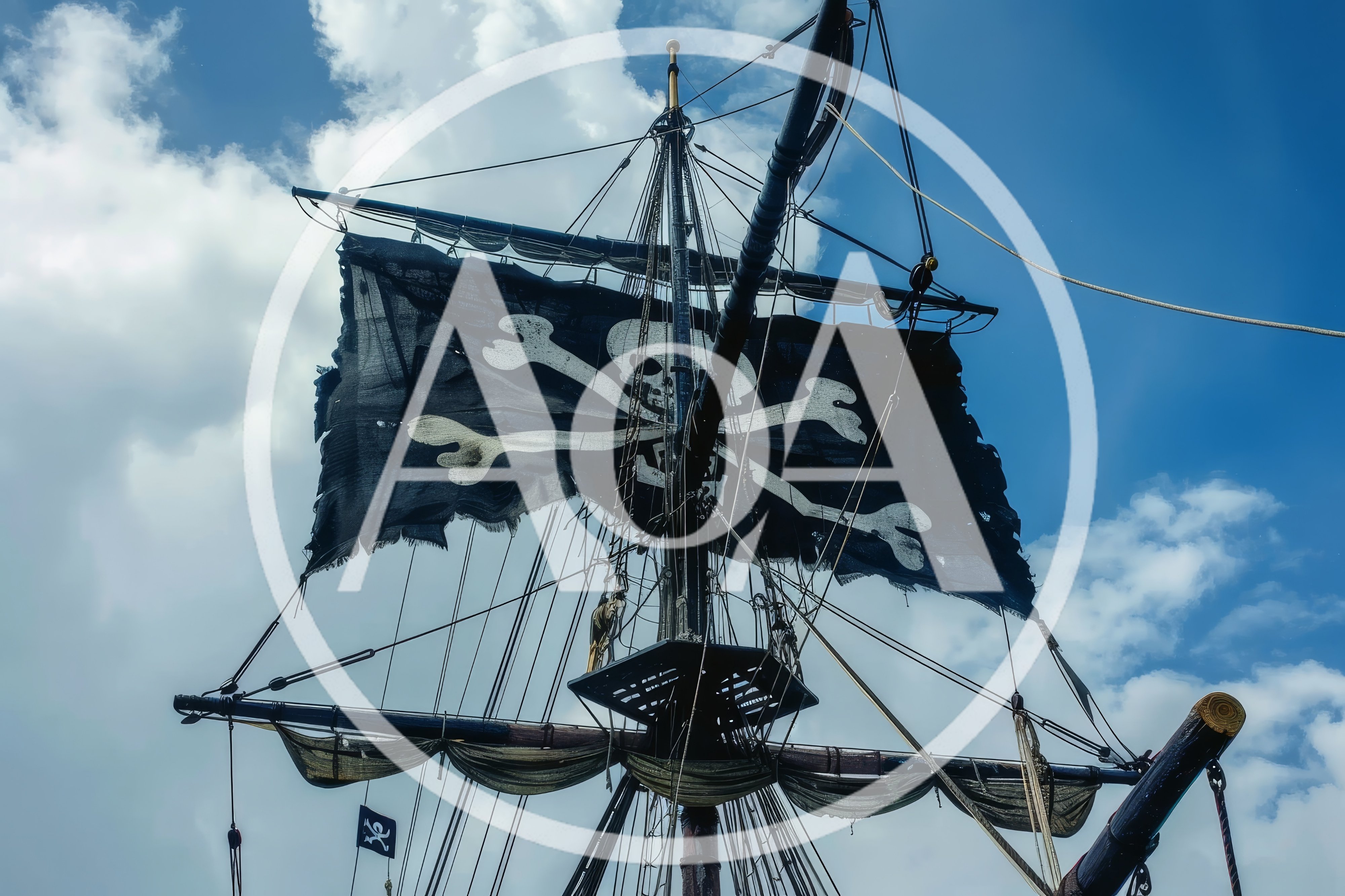 Tattered Jolly Roger Flag Flying On Pirate Ship Mast