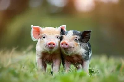Two Cute Piglets Standing Together In A Grassy Field
