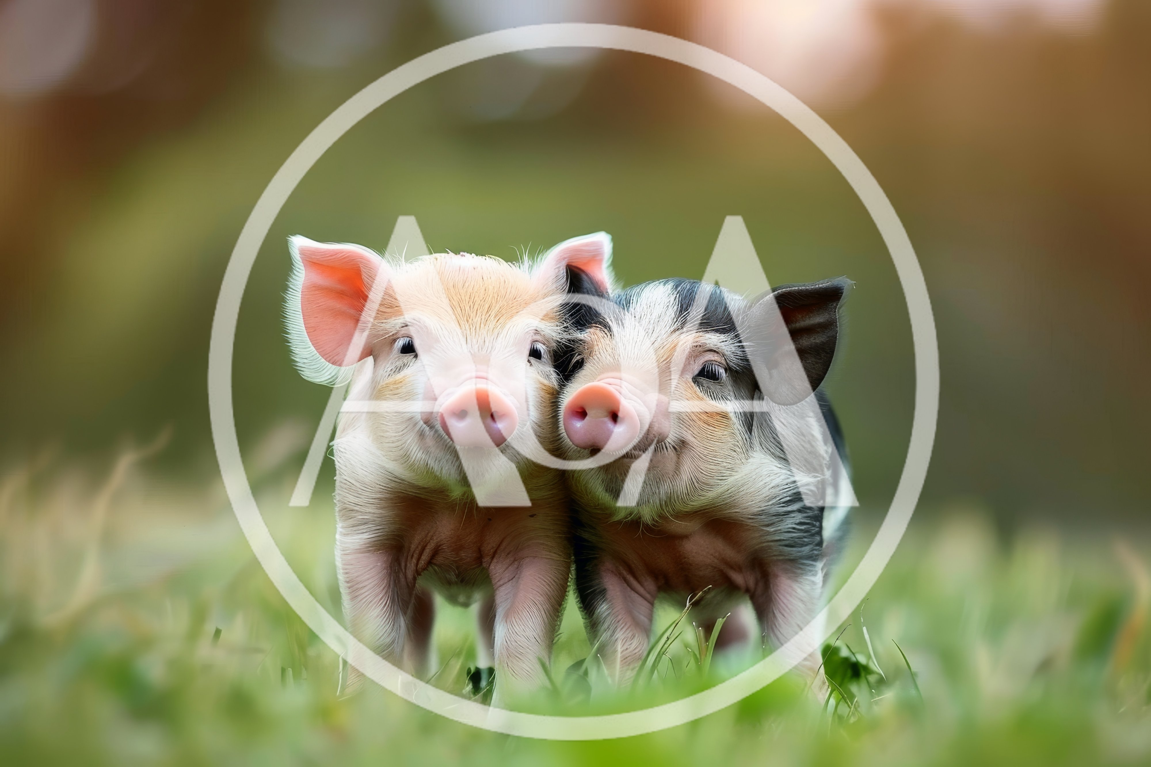 Two Cute Piglets Standing Together In A Grassy Field