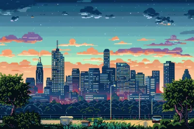 Pixel Art Cityscape Skyline At Sunset