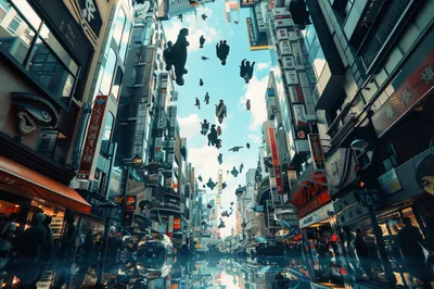 Surreal Cityscape With People Floating In The Sky