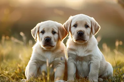 Two Adorable Labrador Retriever Puppies Sitting Outdoors