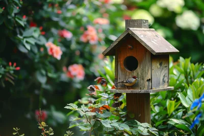 Small Bird Perched on a Wooden Birdhouse in Garden