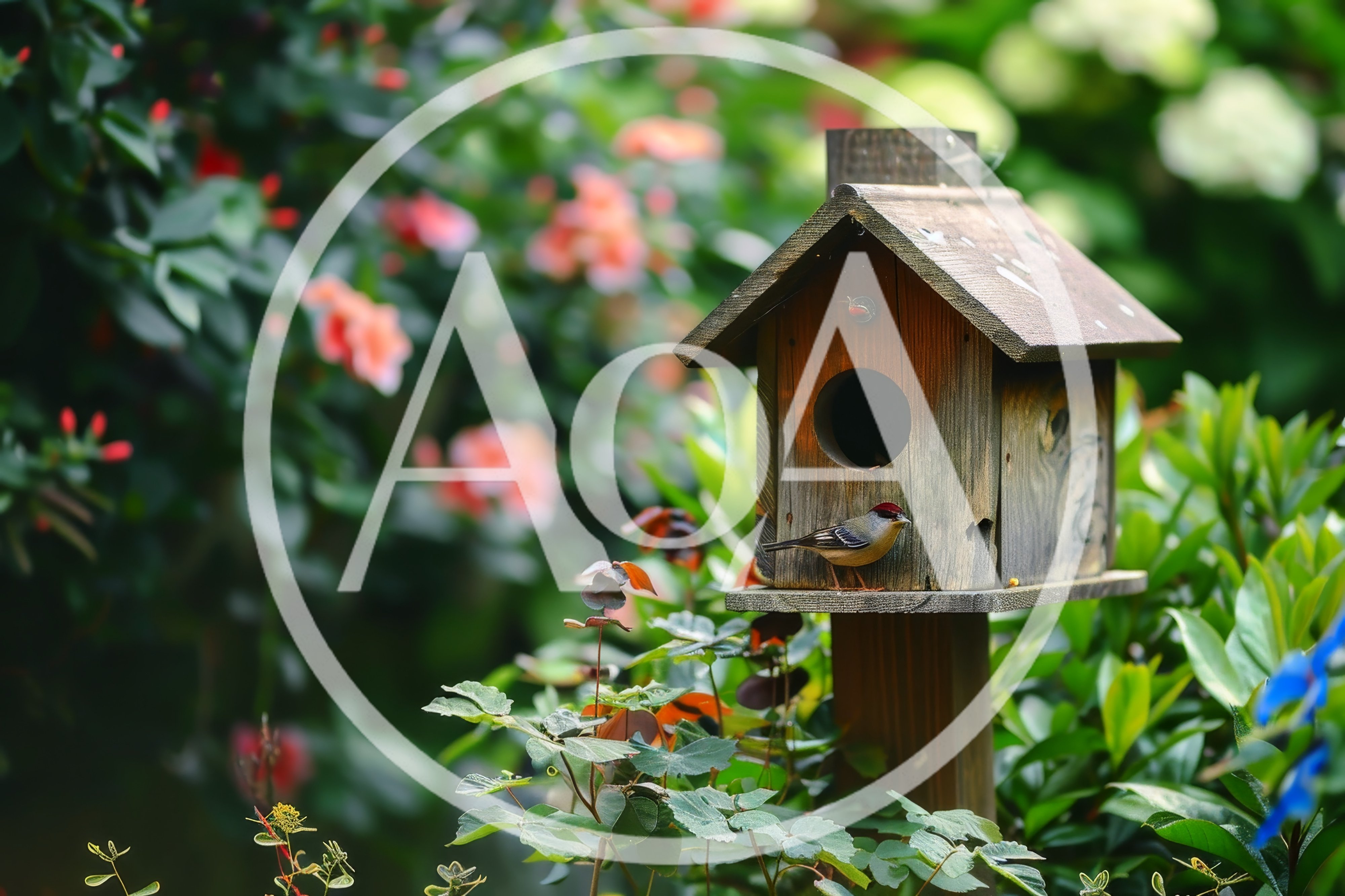 Small Bird Perched on a Wooden Birdhouse in Garden