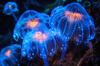 Bioluminescent Jellyfish Floating In Deep Ocean Waters