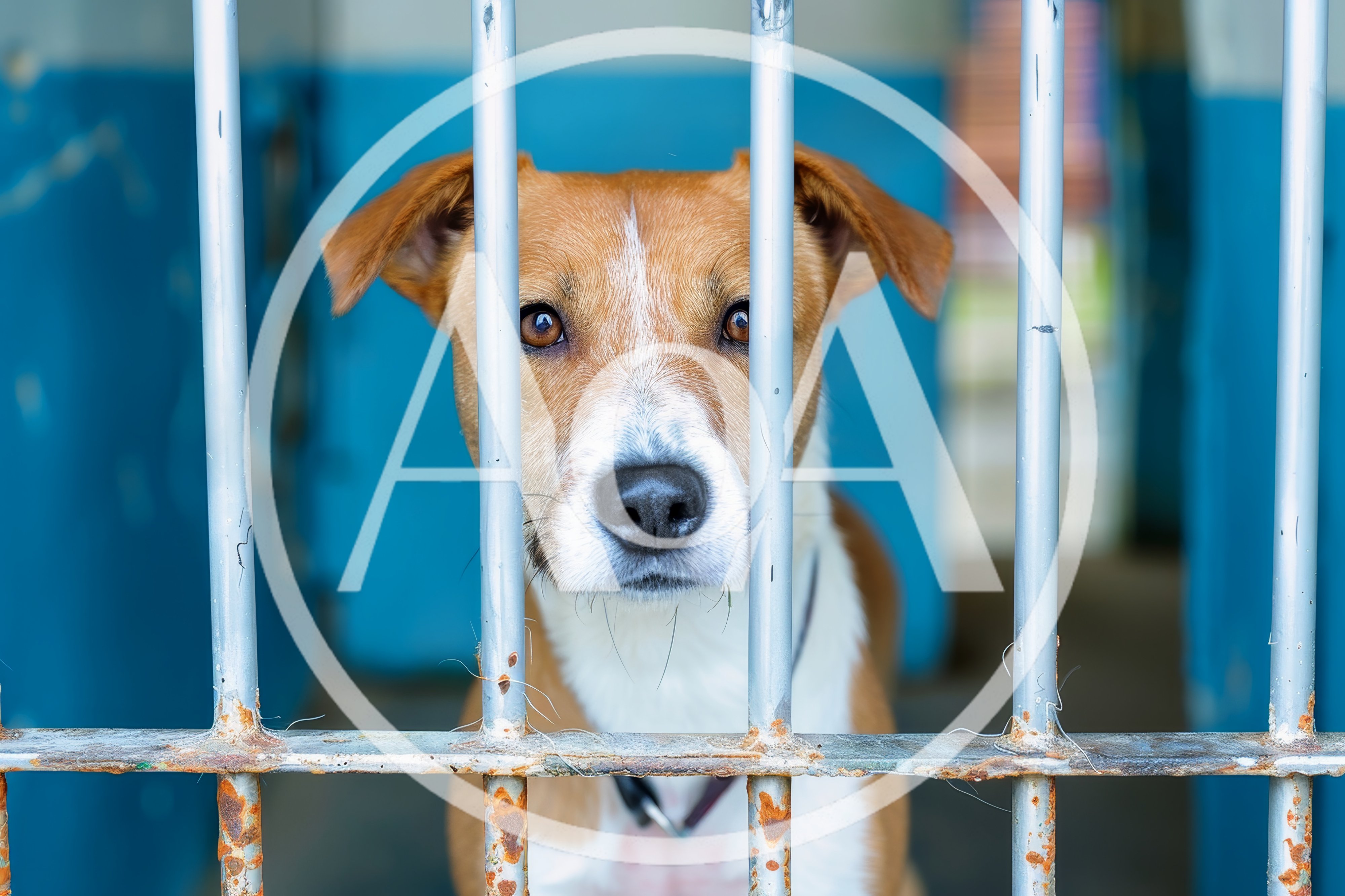 Sad Dog Looking Through Metal Kennel Bars
