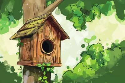 Wooden Birdhouse Attached To A Tree In The Forest