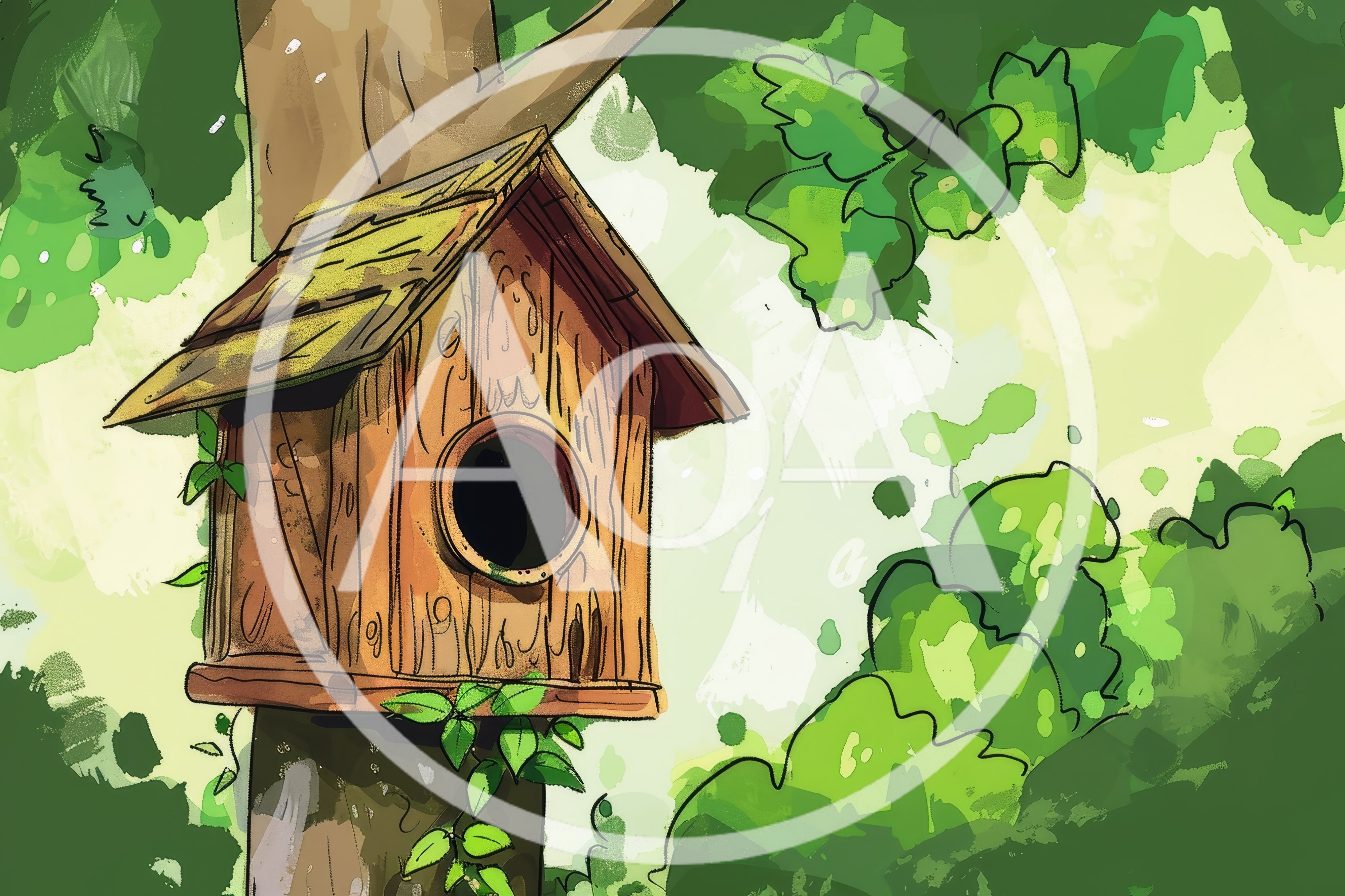 Wooden Birdhouse Attached To A Tree In The Forest