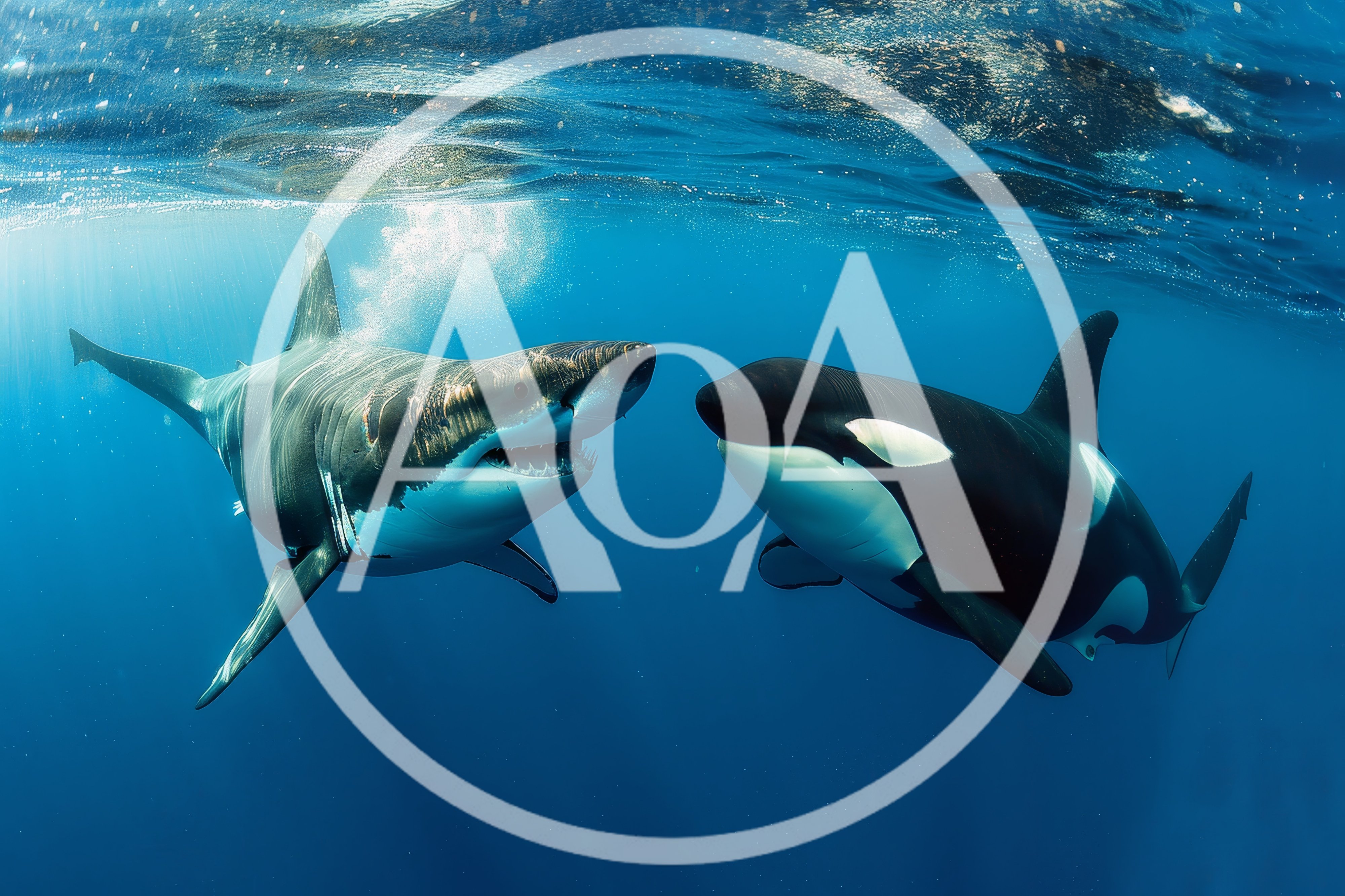 Great White Shark And Orca Swimming Underwater