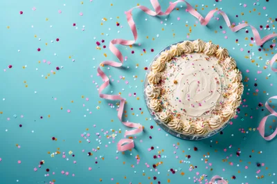 Birthday Cake With Pink Ribbon And Confetti