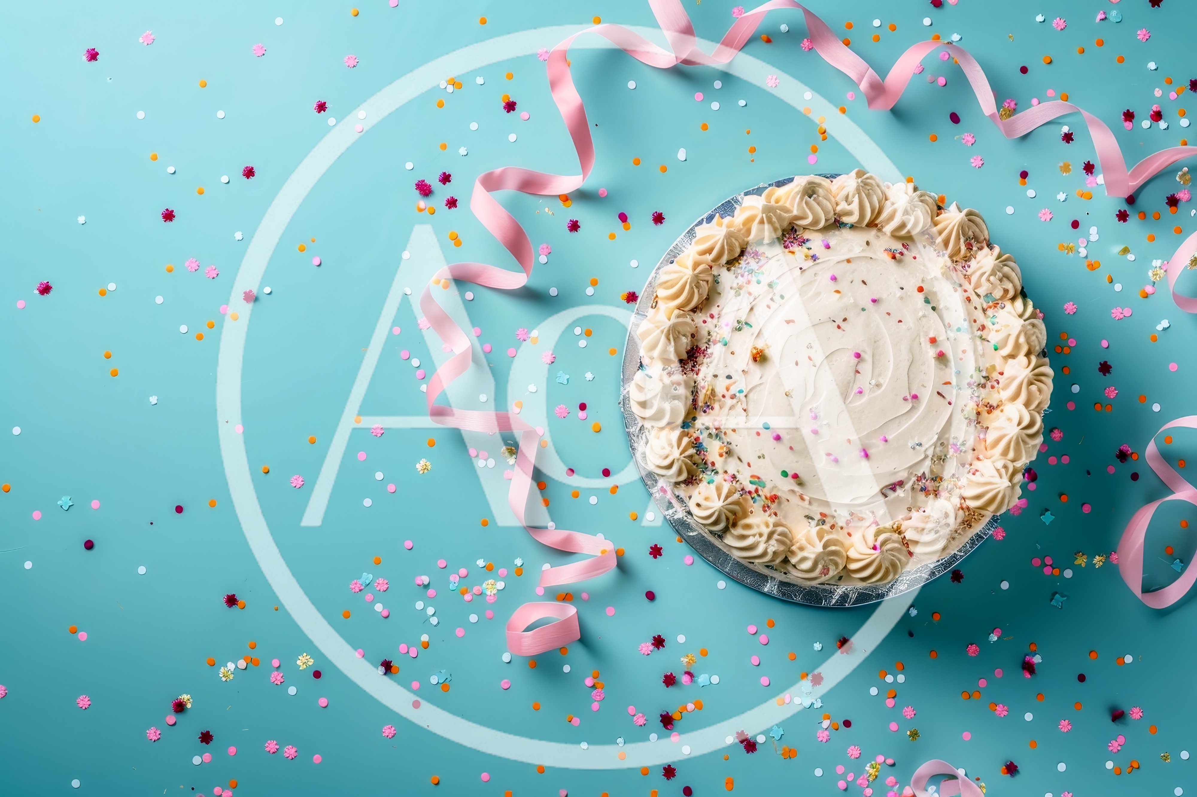 Birthday Cake With Pink Ribbon And Confetti