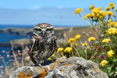 Little Owl Perched On A Coastal Rock