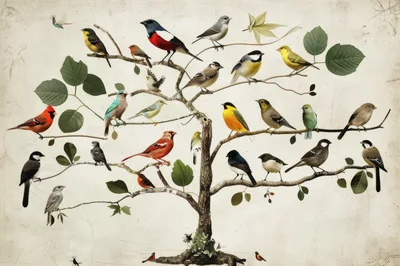 Vintage Botanical Illustration Of Diverse Songbirds On Tree