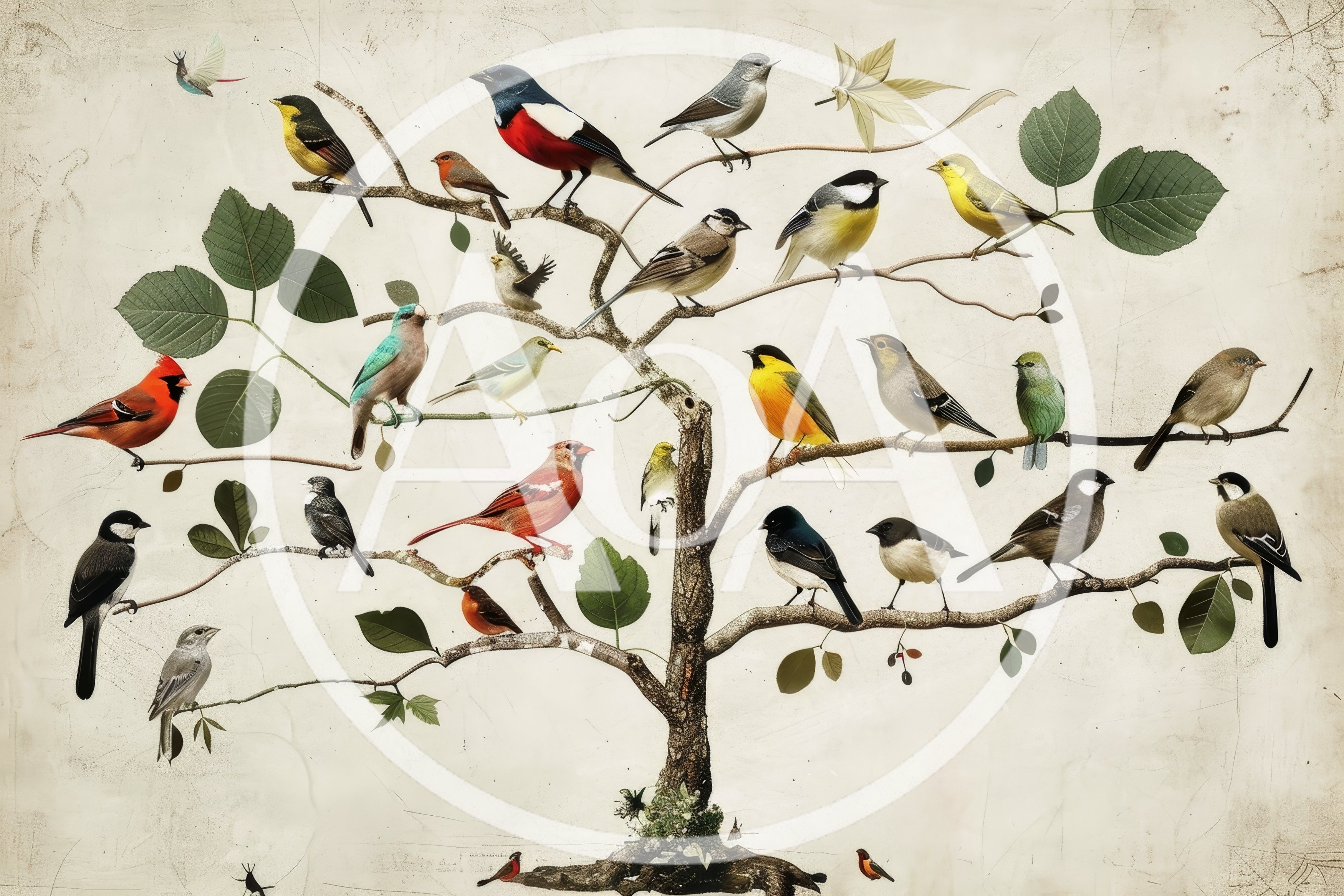 Vintage Botanical Illustration Of Diverse Songbirds On Tree